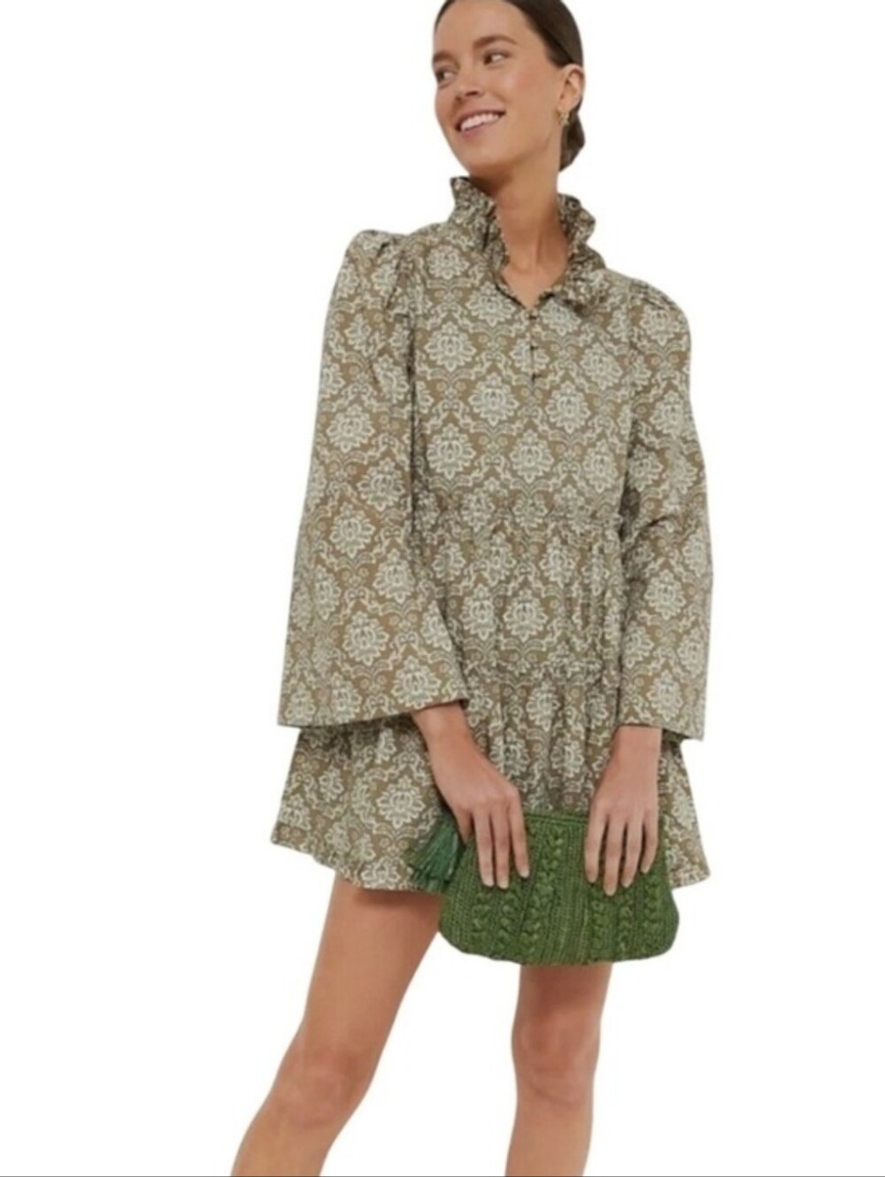 Hyacinth House by Tuckernuck Olive Bell Sleeve Tiered Mini Dress NWT Medium - Picture 2 of 16